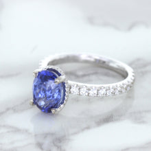 Load image into Gallery viewer, 3.30ct Oval Blue Sapphire Ring with Hidden Diamond Halo in 18K White Gold