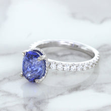 Load image into Gallery viewer, 3.30ct Oval Blue Sapphire Ring with Hidden Diamond Halo in 18K White Gold