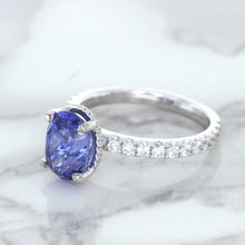 Load image into Gallery viewer, 3.30ct Oval Blue Sapphire Ring with Hidden Diamond Halo in 18K White Gold