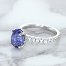 Load image into Gallery viewer, 3.30ct Oval Blue Sapphire Ring with Hidden Diamond Halo in 18K White Gold