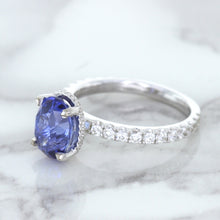 Load image into Gallery viewer, 3.30ct Oval Blue Sapphire Ring with Hidden Diamond Halo in 18K White Gold