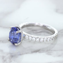 Load image into Gallery viewer, 3.30ct Oval Blue Sapphire Ring with Hidden Diamond Halo in 18K White Gold