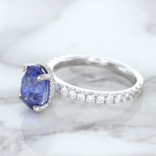 Load image into Gallery viewer, 3.30ct Oval Blue Sapphire Ring with Hidden Diamond Halo in 18K White Gold