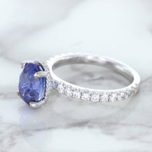 Load image into Gallery viewer, 3.30ct Oval Blue Sapphire Ring with Hidden Diamond Halo in 18K White Gold