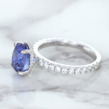 Load image into Gallery viewer, 3.30ct Oval Blue Sapphire Ring with Hidden Diamond Halo in 18K White Gold