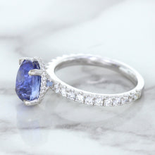 Load image into Gallery viewer, 3.30ct Oval Blue Sapphire Ring with Hidden Diamond Halo in 18K White Gold