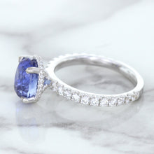 Load image into Gallery viewer, 3.30ct Oval Blue Sapphire Ring with Hidden Diamond Halo in 18K White Gold