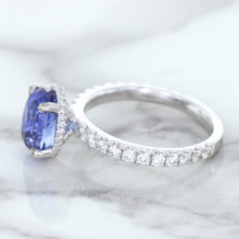 Load image into Gallery viewer, 3.30ct Oval Blue Sapphire Ring with Hidden Diamond Halo in 18K White Gold
