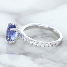 Load image into Gallery viewer, 3.30ct Oval Blue Sapphire Ring with Hidden Diamond Halo in 18K White Gold