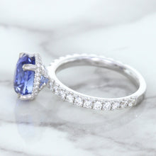 Load image into Gallery viewer, 3.30ct Oval Blue Sapphire Ring with Hidden Diamond Halo in 18K White Gold