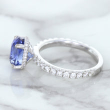 Load image into Gallery viewer, 3.30ct Oval Blue Sapphire Ring with Hidden Diamond Halo in 18K White Gold