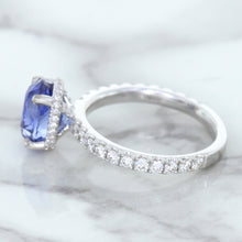 Load image into Gallery viewer, 3.30ct Oval Blue Sapphire Ring with Hidden Diamond Halo in 18K White Gold