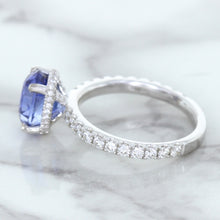 Load image into Gallery viewer, 3.30ct Oval Blue Sapphire Ring with Hidden Diamond Halo in 18K White Gold