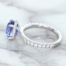 Load image into Gallery viewer, 3.30ct Oval Blue Sapphire Ring with Hidden Diamond Halo in 18K White Gold