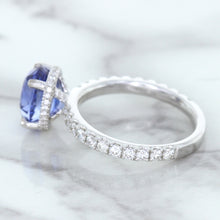Load image into Gallery viewer, 3.30ct Oval Blue Sapphire Ring with Hidden Diamond Halo in 18K White Gold