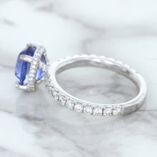 Load image into Gallery viewer, 3.30ct Oval Blue Sapphire Ring with Hidden Diamond Halo in 18K White Gold
