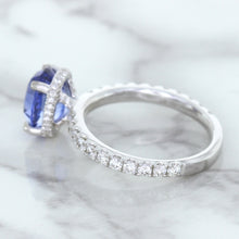 Load image into Gallery viewer, 3.30ct Oval Blue Sapphire Ring with Hidden Diamond Halo in 18K White Gold