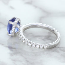 Load image into Gallery viewer, 3.30ct Oval Blue Sapphire Ring with Hidden Diamond Halo in 18K White Gold