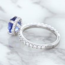 Load image into Gallery viewer, 3.30ct Oval Blue Sapphire Ring with Hidden Diamond Halo in 18K White Gold