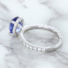 Load image into Gallery viewer, 3.30ct Oval Blue Sapphire Ring with Hidden Diamond Halo in 18K White Gold