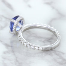 Load image into Gallery viewer, 3.30ct Oval Blue Sapphire Ring with Hidden Diamond Halo in 18K White Gold
