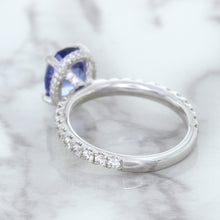 Load image into Gallery viewer, 3.30ct Oval Blue Sapphire Ring with Hidden Diamond Halo in 18K White Gold