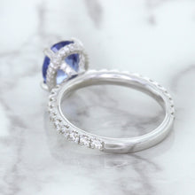Load image into Gallery viewer, 3.30ct Oval Blue Sapphire Ring with Hidden Diamond Halo in 18K White Gold