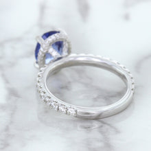 Load image into Gallery viewer, 3.30ct Oval Blue Sapphire Ring with Hidden Diamond Halo in 18K White Gold