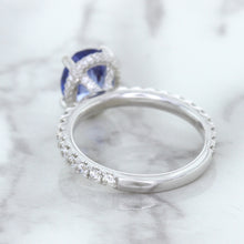 Load image into Gallery viewer, 3.30ct Oval Blue Sapphire Ring with Hidden Diamond Halo in 18K White Gold