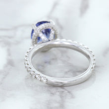 Load image into Gallery viewer, 3.30ct Oval Blue Sapphire Ring with Hidden Diamond Halo in 18K White Gold