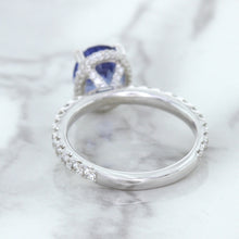 Load image into Gallery viewer, 3.30ct Oval Blue Sapphire Ring with Hidden Diamond Halo in 18K White Gold