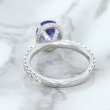 Load image into Gallery viewer, 3.30ct Oval Blue Sapphire Ring with Hidden Diamond Halo in 18K White Gold