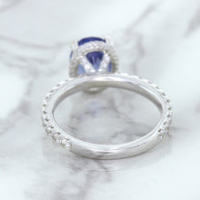 Load image into Gallery viewer, 3.30ct Oval Blue Sapphire Ring with Hidden Diamond Halo in 18K White Gold