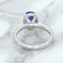 Load image into Gallery viewer, 3.30ct Oval Blue Sapphire Ring with Hidden Diamond Halo in 18K White Gold