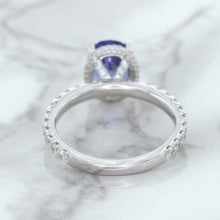 Load image into Gallery viewer, 3.30ct Oval Blue Sapphire Ring with Hidden Diamond Halo in 18K White Gold