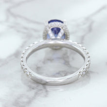 Load image into Gallery viewer, 3.30ct Oval Blue Sapphire Ring with Hidden Diamond Halo in 18K White Gold