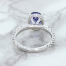 Load image into Gallery viewer, 3.30ct Oval Blue Sapphire Ring with Hidden Diamond Halo in 18K White Gold