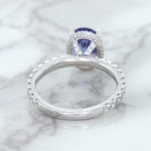 Load image into Gallery viewer, 3.30ct Oval Blue Sapphire Ring with Hidden Diamond Halo in 18K White Gold