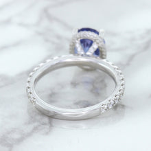 Load image into Gallery viewer, 3.30ct Oval Blue Sapphire Ring with Hidden Diamond Halo in 18K White Gold