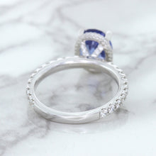 Load image into Gallery viewer, 3.30ct Oval Blue Sapphire Ring with Hidden Diamond Halo in 18K White Gold
