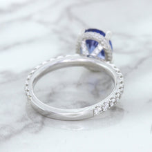 Load image into Gallery viewer, 3.30ct Oval Blue Sapphire Ring with Hidden Diamond Halo in 18K White Gold