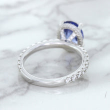 Load image into Gallery viewer, 3.30ct Oval Blue Sapphire Ring with Hidden Diamond Halo in 18K White Gold