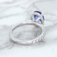 Load image into Gallery viewer, 3.30ct Oval Blue Sapphire Ring with Hidden Diamond Halo in 18K White Gold