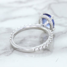 Load image into Gallery viewer, 3.30ct Oval Blue Sapphire Ring with Hidden Diamond Halo in 18K White Gold
