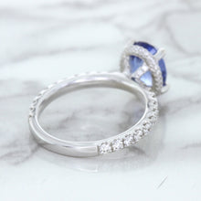 Load image into Gallery viewer, 3.30ct Oval Blue Sapphire Ring with Hidden Diamond Halo in 18K White Gold