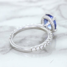 Load image into Gallery viewer, 3.30ct Oval Blue Sapphire Ring with Hidden Diamond Halo in 18K White Gold