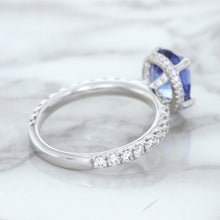 Load image into Gallery viewer, 3.30ct Oval Blue Sapphire Ring with Hidden Diamond Halo in 18K White Gold