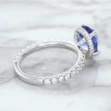 Load image into Gallery viewer, 3.30ct Oval Blue Sapphire Ring with Hidden Diamond Halo in 18K White Gold