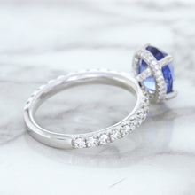 Load image into Gallery viewer, 3.30ct Oval Blue Sapphire Ring with Hidden Diamond Halo in 18K White Gold