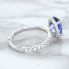 Load image into Gallery viewer, 3.30ct Oval Blue Sapphire Ring with Hidden Diamond Halo in 18K White Gold